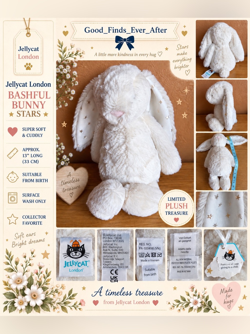 NWT - Jellycat Bashful Bunny Stars Plush - Cream and Gold